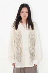 Lace cutout printed shirt