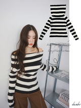 Star Stripe Off-Shoulder Long Sleeve Knitwear