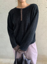 Hom ヘアリーボタン カラーマッチングニットTシャツ
