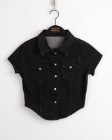 Markle Pocket Slim Washed Crop Denim Short Sleeve Shirt