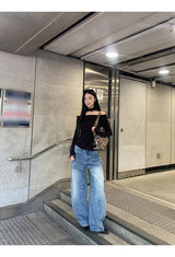 Strap Off-Shoulder Black Chain Long Sleeve Tee