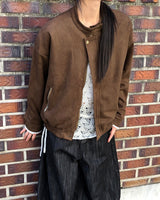 Shait Suede No Collar Snap Button Zipper Pocket Blouson Jacket