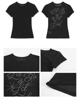 バックシースルービーズブラックラウンド半袖Tシャツ