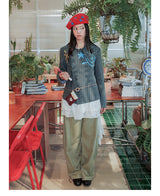 UnsocialNight original literary wool contrast colour フラワーアレンジメントプリントツイードジャケット detachableレースコート