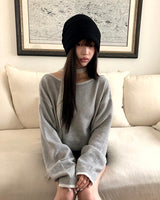 メビンリップネックカラーブロックワンショルダーウールロングスリーブニット