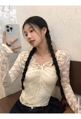 Lace shirring two-piece long-sleeved blouse T-shirt