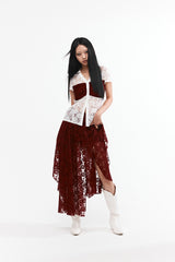 レースアシメトリックシャーリングスカート #RED