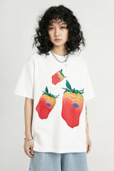 ストロベリーパターンルーズカジュアル半袖Tシャツ