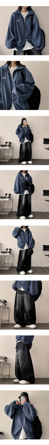 Baggle Oversized Corduroy Embroidery High-Neck Zip-Up