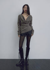 COWL NECK BLOUSE, DARK BROWN