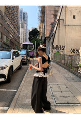 Rose Black Backless Sleeveless T-shirt