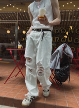 White Vintage Damaged Pants