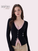 ブラック ピンク レイヤード ニット トップ