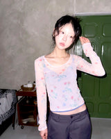 (3color) Blurred Flower Sheer Mesh Tee
