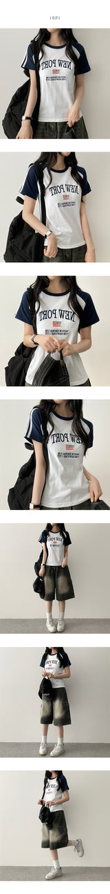 Raffin embroidered 2本ラインカラーラグラン半袖Tシャツ