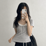 Miu Side Shirring Lace Short-Sleeve Blouse T-shirt (4 colors)