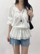 Ceruni Strap Shirred Frill Button Long Sleeve Blouse