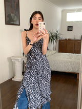 Slit shirring flower long sleeveless dress