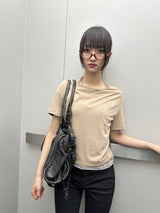 Check Halter Off-Shoulder Semi-Cropped T-Shirt 3color