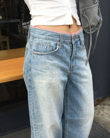 Pink lace denim pants