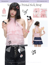 BETWEENAND「Mei Mei Rose」Summer Pure Silk Ramie Rose Pink Polka Dot Winged Necklace Top