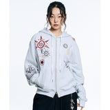 Multi-Print Crop Hoodie Zip-Up - Navy