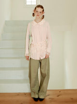 UnsocialNight2025 Autumn New Polka Dot Pleated Stitching Pink Doll Collar Loose Long-sleeved Shirt