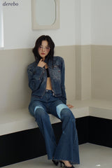 Round medium blue zip-up denim jacket