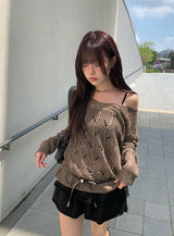 Linder Mesh See-Through Loose-Fit One-Shoulder Knit