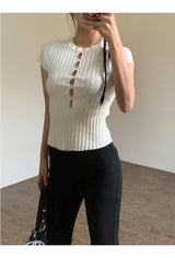 Hollow slit slim ribbed short sleeve tee
