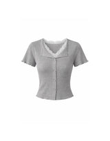 Rosy Lace Slim Rib Knit Short Sleeve Cardigan Gray