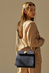 LAZEL CROC flap tote leather bag / Wani Navy