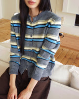 Runli Stripe Ribbed Round Neck Long Sleeve Cardigan