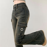 Rotor high waist strap cargo bootcut washed denim pants