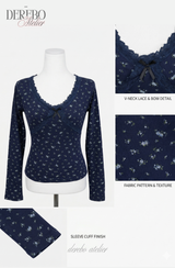 Blue Floral Deep V Long Sleeve T-shirt