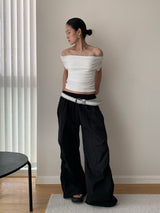 Hand shirring off-shoulder spandex short-sleeved T-shirt