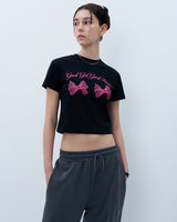 TWIN RIBBON CROP TSHIRT-BLACK