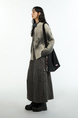 Retro wool blend inkjet printed zippered cardigan sweater