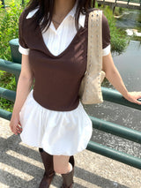 Cafe Layered Pintuck Shirt Brown Short Sleeve Tee (Brown)