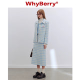 Why Berry 24SS "Sea Salt Bubble" Blue and White Checkered Short Coat Shoulder Pads Straight Jacket