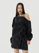 One-shoulder Blanc Ribbon Shirring Detail Top, Black