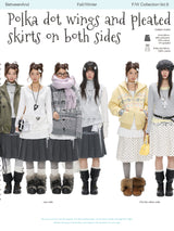 BETWEENAND 「Ling Xu Shuang Sheng」 Winter Academy – gray-and-white polka-dot pleated skirt with a separate inner skirt, available in two styles