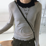 Nowell ハートカッティングシースルーテンセルウェーブUネック長袖Tシャツ