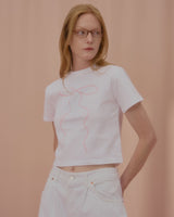 ウェーブパールリボンクロップTシャツ-WHITE