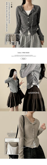 Cardi side-shirring badge ribbed knit cardigan