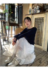 Back White Bow Long Sleeve Knit T-shirt