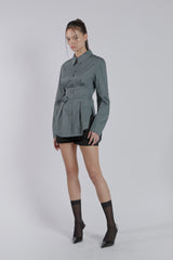 PINTUCK ROSE BELT SHIRT(BLUE GRAY)