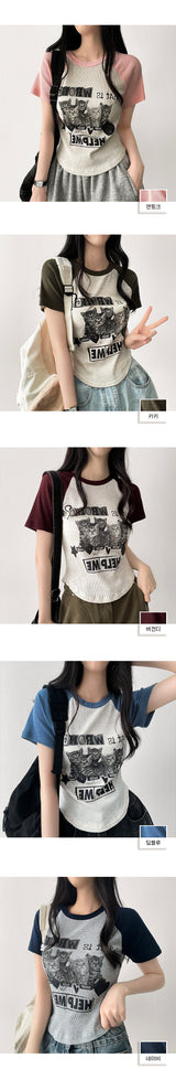 デューリーキャットラグランVネックニットクロップドTシャツ