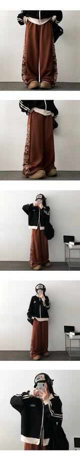 Ez embroidered big lettering sweatpants wide pants