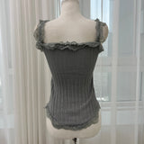 Lace frill front button ribbed sleeveless top (4 colors)
